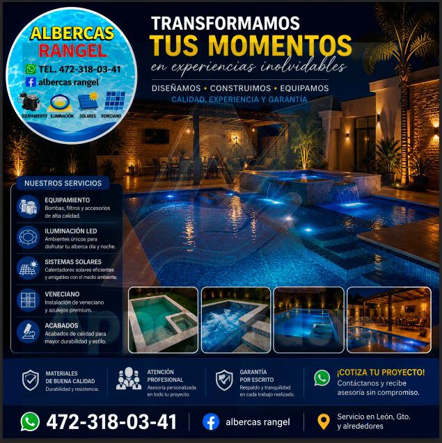 Publicidad nocturna de Albercas Rangel